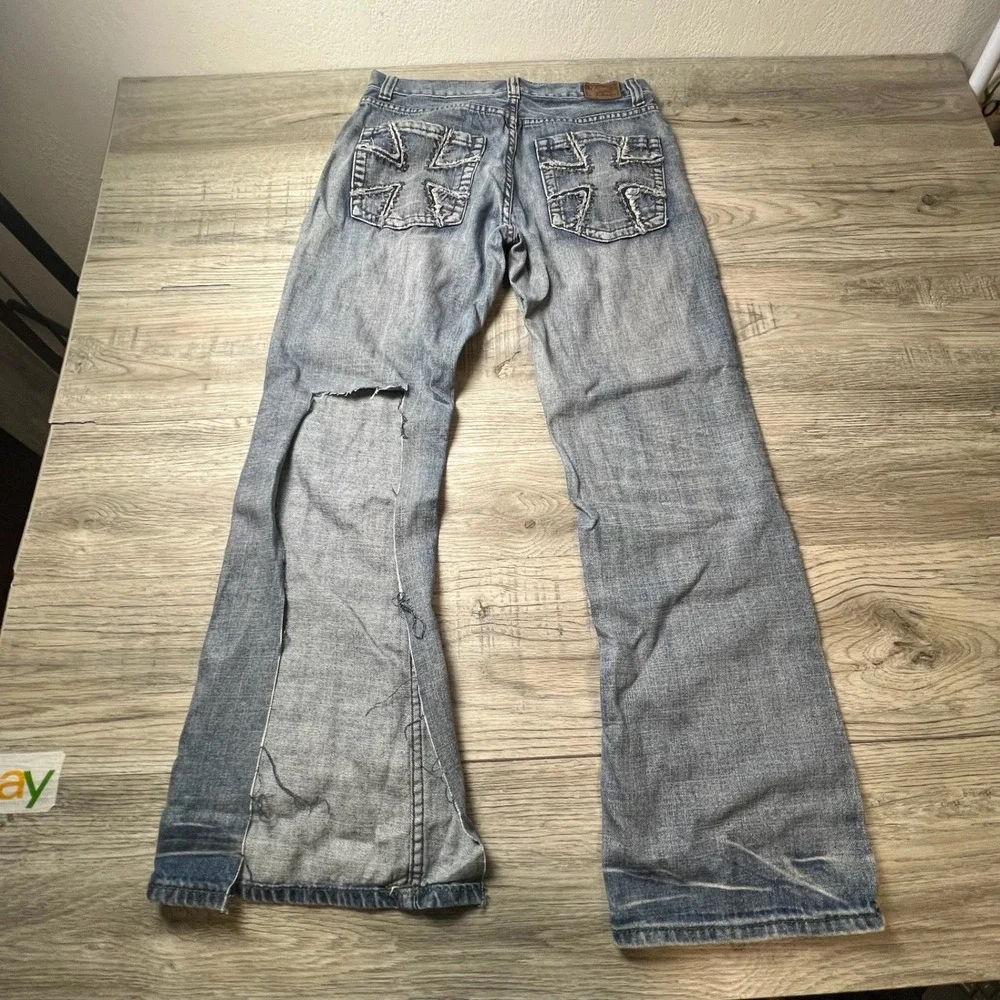 Flypaper Jeans Mens 30x30 Blue Light Wash Distressed Cross Embroidered Y2K Baggy